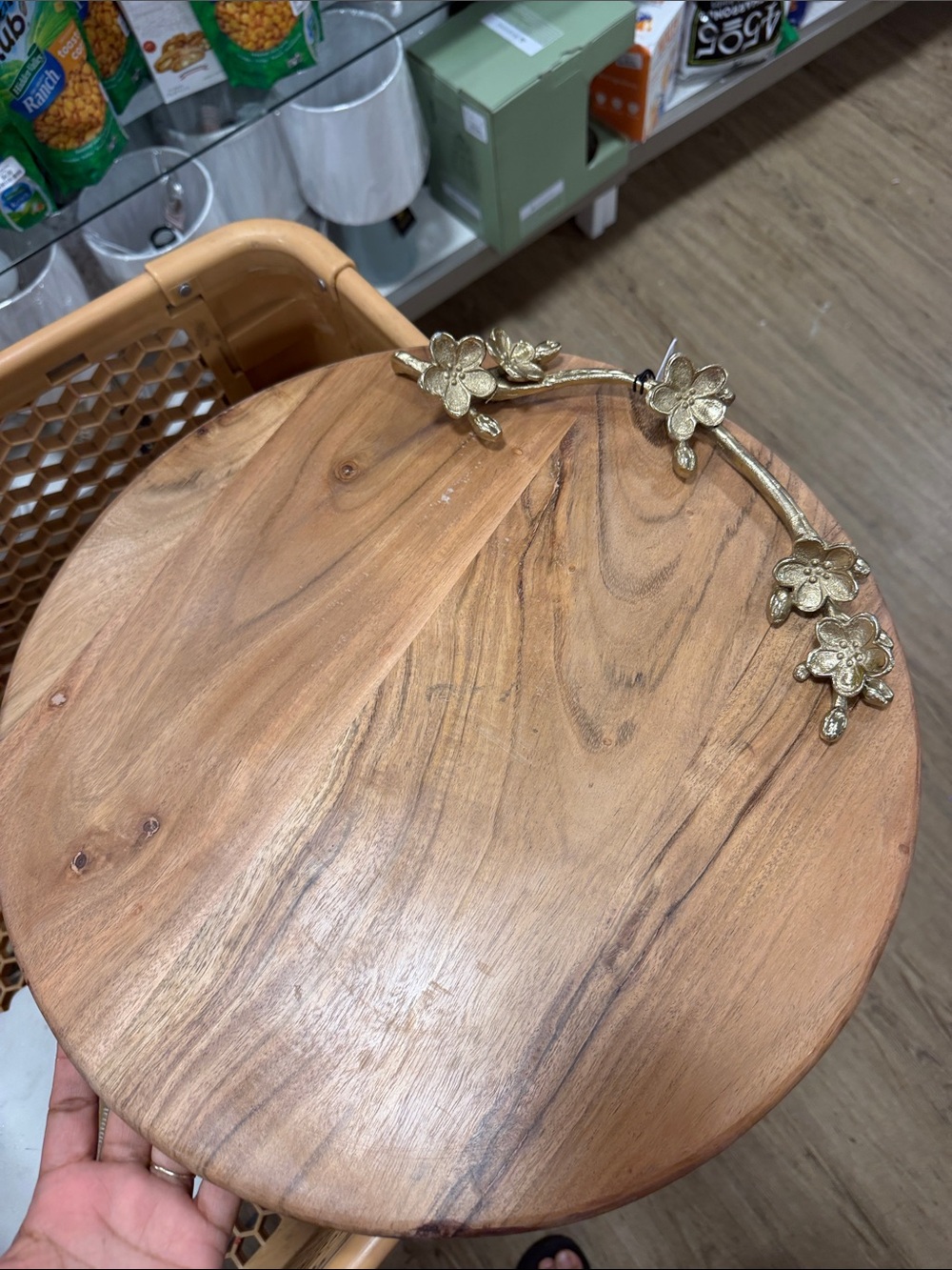 Round Wooden Serving Board with Gold Floral Handle